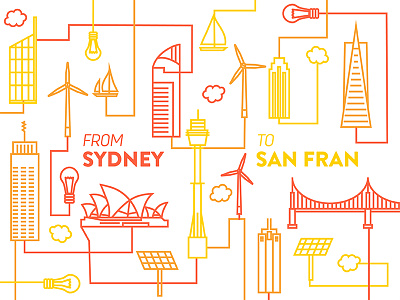 From Sydney to San Fran cities connect line orange pattern red renewable san francisco solar energy sydney vector yellow