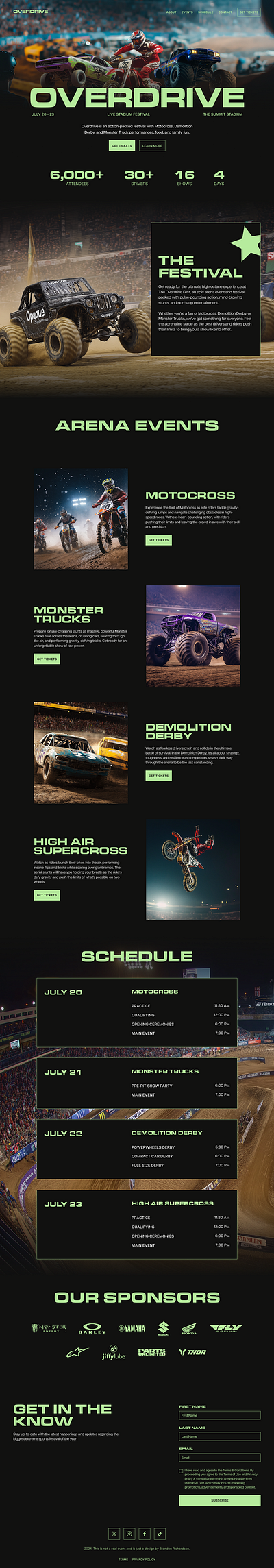 Overdrive Fest derby event extreme sports figma homepage landing page motocross motorcycle sports trendy uiux design web design website design