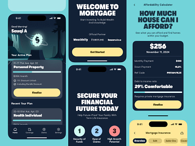 Mortgage - Insurance Mobile App branding clean dark dollar figma finance fintech green high illustration insurance investment low mobile app modern purple risk sauqi arif unspace yellow