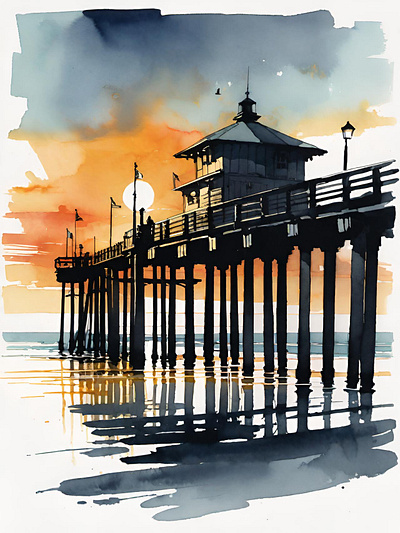 A quiet sunset on a pier. beach beach life beach vibes beaches illustration ocean pier reflection reflections sunset sunsets watercolor