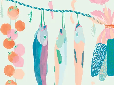 Persimmon, fish and corn fish food fruit nature spring watercolor