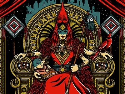 Cardinal Queen feathers gigposter gold hand drawn screenprint st. louis widespread panic