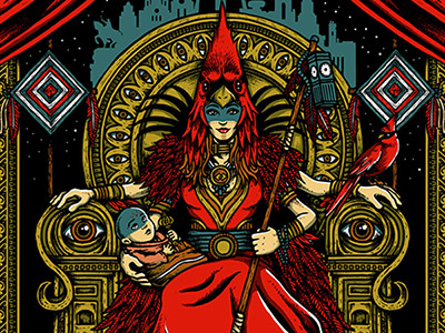 Cardinal Queen feathers gigposter gold hand drawn screenprint st. louis widespread panic