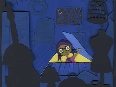 Birdie in the Attic cut paper illustration paper illustration