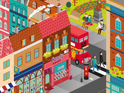 London Candy Shop buildings candy city illustration isometric london people postbox shop sweets the beatles