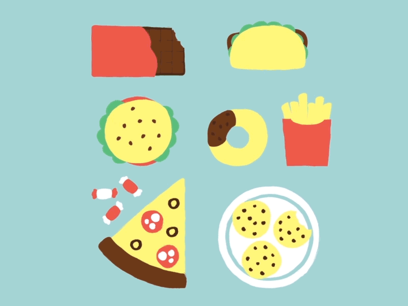 tasty or healthy? candy chips cookies donuts food fruit hamburger health pizza salad taco taste