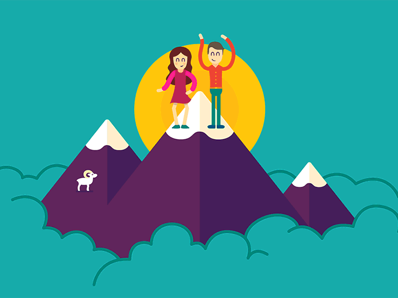Time to Arrive animation balloon bright characters colorful dancing drawing gif goat illustration mountains