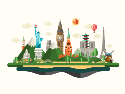 Travel Destinations Illustration with World Famous Landmarks design destinations famous flat landmarks tour travel traveling vacation world