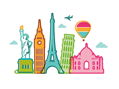 World Landmarks Graphic big ben clouds eiffel hot air balloon landmarks leaning tower plane taj mahal