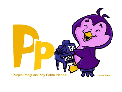 Purple Penguin alphabet cartoon childrens colorful comic editorial fun happy illustration kids