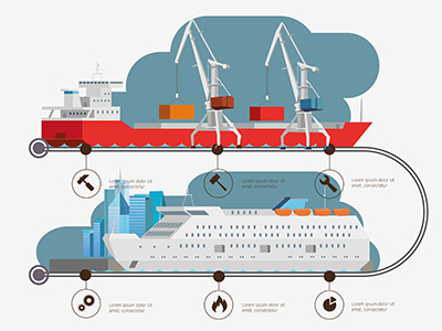 Sea Port boat business cargo commercial delivery dock harbor infographic ship transport vessel water