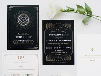 T & J Wedding Invite art deco black gold invitation invite modern deco rsvp save the date wedding
