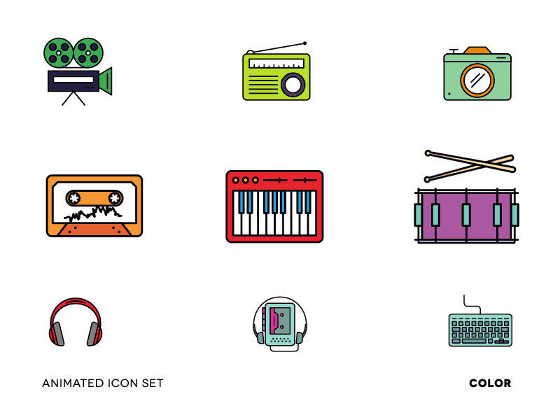 Animated Icon Set / Color (2) animation animations drums icons keyboards media music video