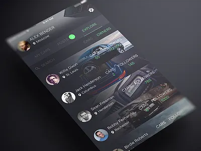 Cars App Owners app cars collections dark friends ios social timeline ui ux