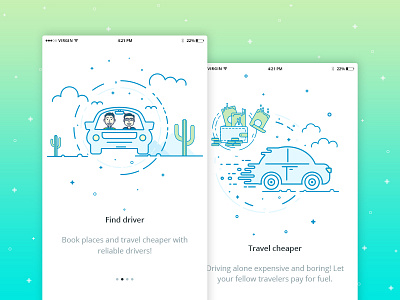 Funny trip app car characters illustration mobile money trip ui