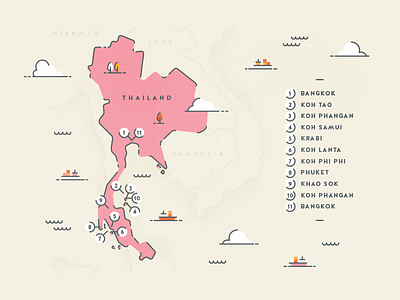 Goodbye Thailand! backpacking bangkok cloud flat illustration line map sea ship texture thailand tree