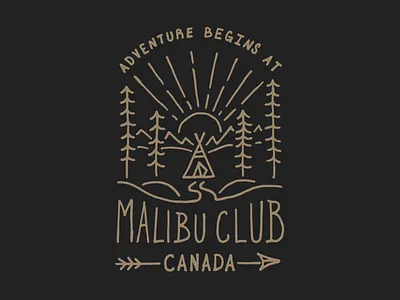 Adventure Begins - Malibu illustration line art malibu mountains outdoor sunsert teepee trees tshirt