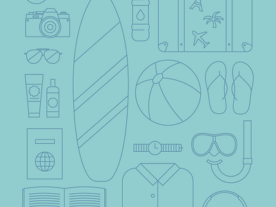 Vacation background blue flip flops glasses line passport stroke suitcase surfboard vacation watch