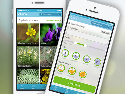 Grow plantfinder app application design interface mobile phone search