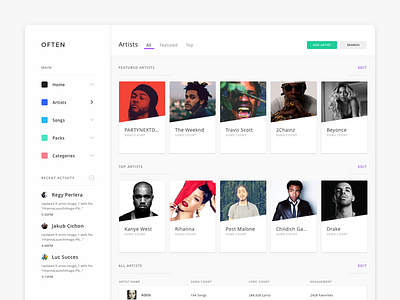 Often | Artist Dashboard card clean dashboard list minimal music ui ux web