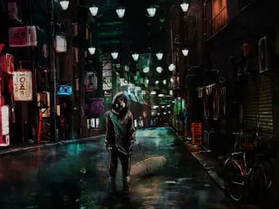 Rainy Lights concept art cyberpunk girl night rain street umbrella