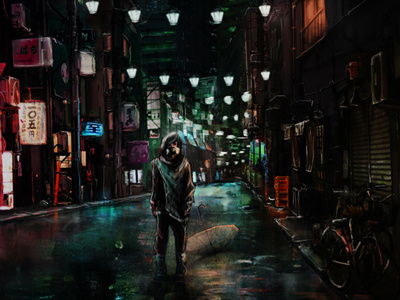 Rainy Lights concept art cyberpunk girl night rain street umbrella