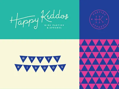 Happy Kiddos Branding apparel badge banner birthday party branding hand lettering identity kids logo monogram monoline pattern