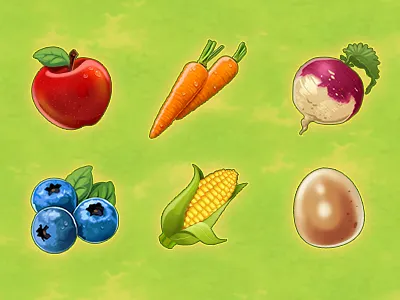Food Icons apple blueberries carrots corn egg food game icon icons illustration turnip ui