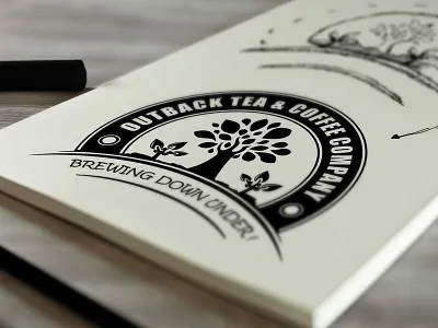 Outback Tea & Coffee Company Logo Design australia black boomerang coffee logo outback sun rise tea tea leaves tree