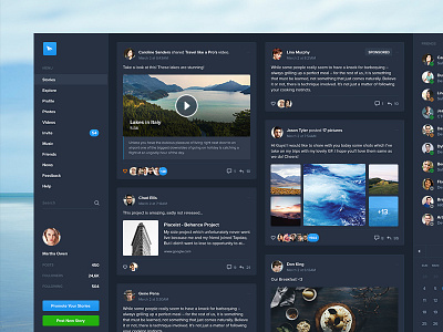 Dark Stories apps dark dashboard graph network overview post profile social ui ui kit web