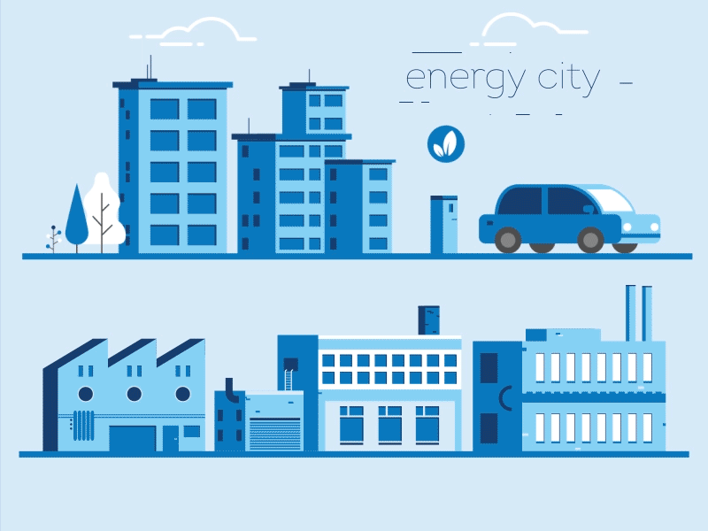 Energy City 2d blue buildings car city clouds energy factory town trees