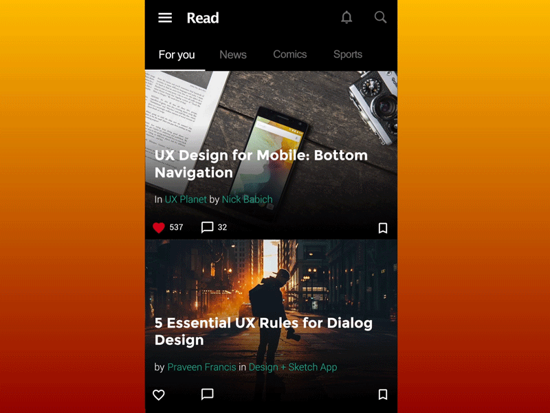 Medium Reader after effects animation gif list medium post reader rss ui ux