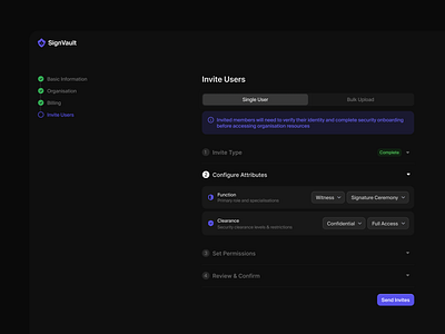 SignVault - Onboarding Dark Mode clean design dropdown flow interface login minimal onboarding process product product design progress saas settings stepper ui ui design ux ux design web