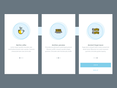 Breakfast FTUX bacon breakfast coffee material onboarding pancakes ui