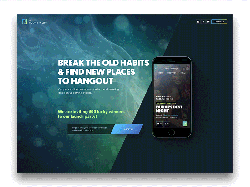 The PartyUp - landing page android animation app events gif ios iphone party partyup transition web website