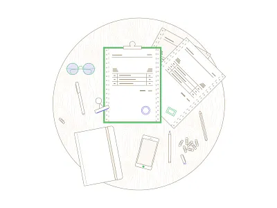 Orders billing documents flat glasses invoice line orders pen pencil simple stamps vector