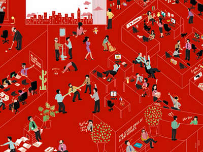 The Secret lives of client offices for Kyoorius Magazine agency clients illustration isometric many people red