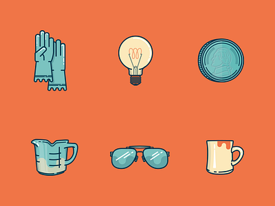 Few T'ings coin glasses gloves icon lightbulb mug sun