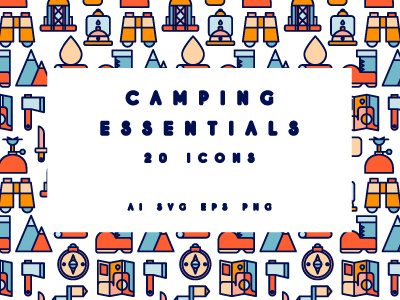 Camping essentials set axe camping compass essentials flat style gas burner geometric illustration knife logo map travel