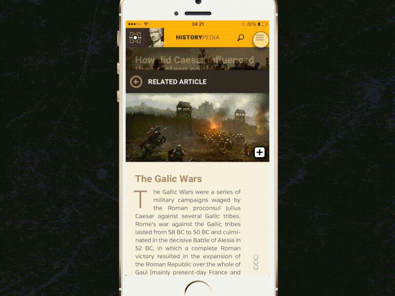 Historypedia Mobile Navigation 03 / 04 app design caesar competition educational interfaces roman scuola politecnica di desig typography ui ux visual design web design