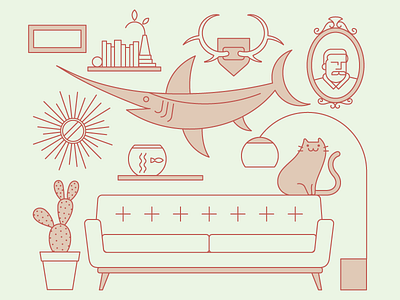 Onboarding Illustrations books cactus cat deer horns illustration lamp mid century picture frame shelf sofa stroke swordfish