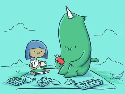 Udy and Emmy make a picnic avatar band character hand drawn illustration keyboards painting