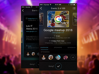 Meshly events app black ui blured clean event ios list location simple swipe thin users