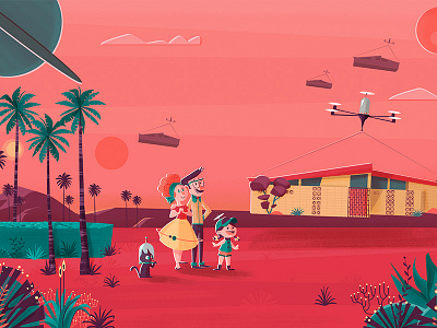 Mars III We Transfer background 50s characters family future illustration ilustración mars palms retro vectorial