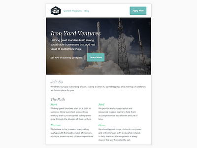 Iron Yard Ventures hero homepage landing page layout simple