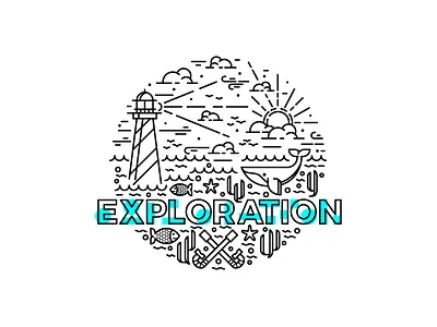 Overseas.. badge cloud houselight illustration ouline oversea sea sun whale