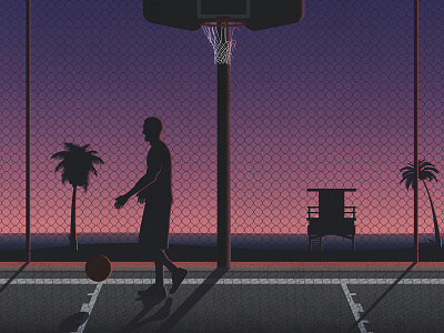 Last to leave basketball beach court illustration illustrator light palm trees sea sport sports sunset