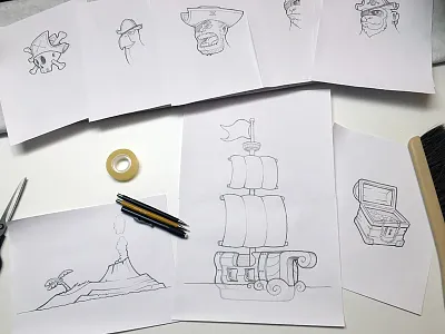 Pirate Props Sketches characters chest island pirate props ship sketches