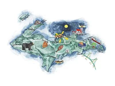 Michigan Upper Peninsula Watercolor Illustration detroit gouache illustration map michigan mitten painting peninsula state upper peninsula watercolor yooper