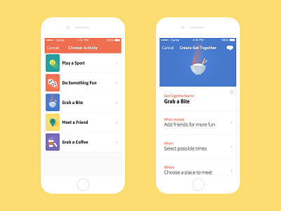 Choose Activity & Create Get Together activities app event detail icons list
